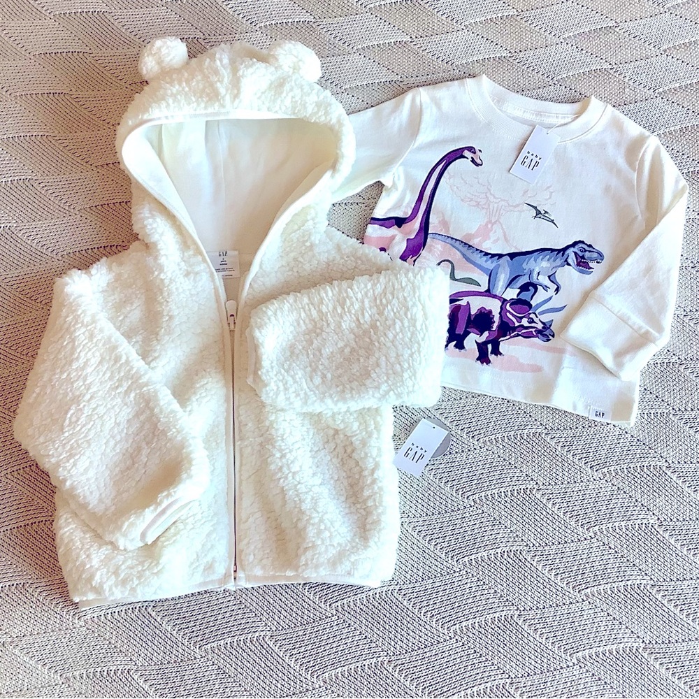 NWT GAP TODDLER SHERPA BEAR JACKET + DINOSAUR T-SHIRT
